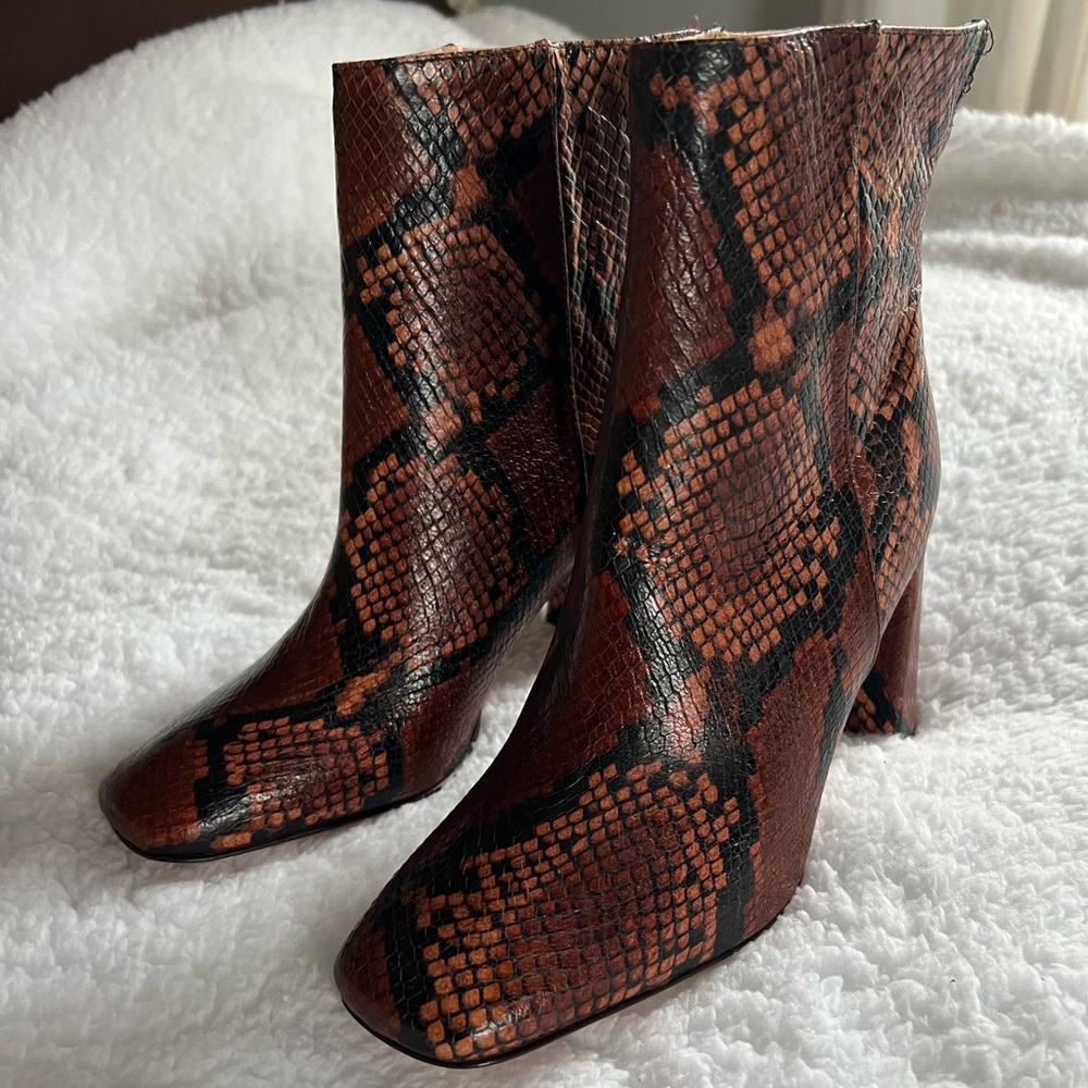 J. Crew, snake print heeled boots
